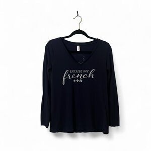 Women's Navy “Excuse my French” V-Neck Long Sleeve Tee